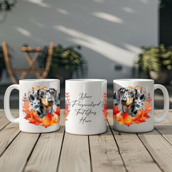 Personalised Dog Mug Dappled Silver Dachshund In An Autumn Wreath, 2 of 2