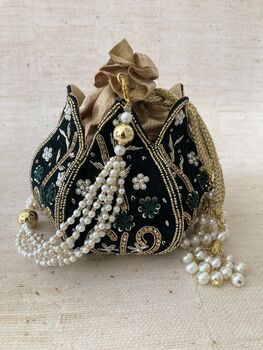 Emerald Green Velvet Potli/Wrist Bag, 8 of 10