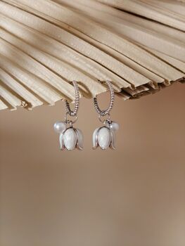 White Enamel Lily And Pearl Huggie Hoop Earrings, 5 of 7