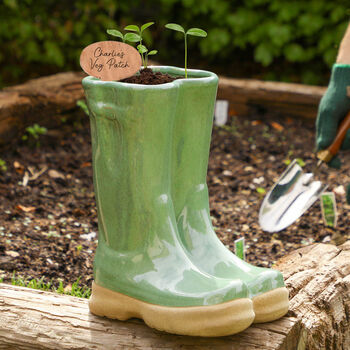 Large Sage Green Personalised Welly Boots Planter, 3 of 10