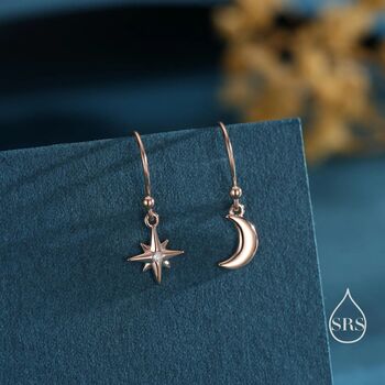 Sterling Silver Extra Tiny Starburst And Moon Dangle Drop Hook Earrings, 4 of 12