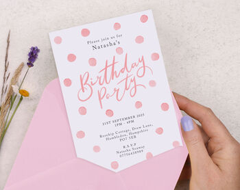 Personalised A6 Pink Spot Birthday Party Invitation, 2 of 3