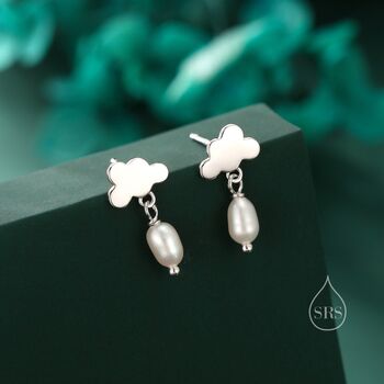 Sterling Silver Dainty Cloud And Natural Pearl Raindrop Stud Earrings, 2 of 11