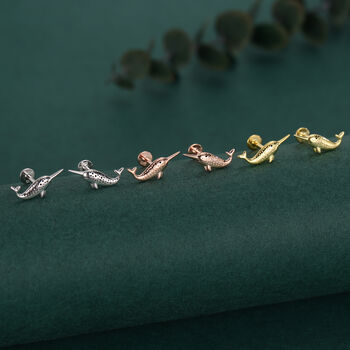 Tiny Narwhal Unicorn Whale 16 G Internally Threaded Flat Back Earrings In Sterling Silver, 6 of 11