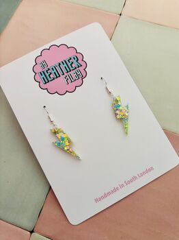 Small Light Green Glitter Lightning Bolt Earrings / Electric Green Jewellery Small Mint Statement / Pastel Flash Gift, 2 of 6