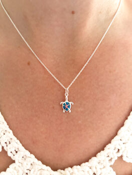 Sterling Silver Blue Opal Turtle Pendant Necklace, 3 of 9