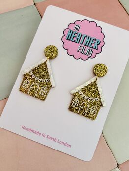 Gingerbread House Glitter Christmas Earrings / Festive Jewellery / Novelty Dangles / Christmas Gift / Sparkly Holiday Accessories, 2 of 6