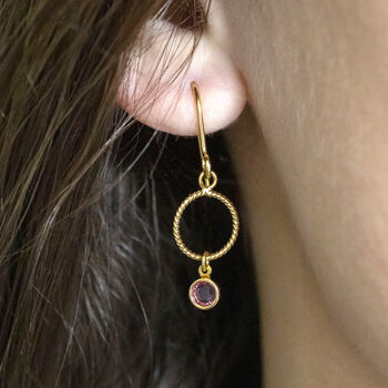 Twisted Gold Plated Circle Mini Birthstone Earrings, 2 of 9