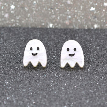 White Marble Glitter Acrylic Hand Painted Ghost Stud Earrings, 2 of 3