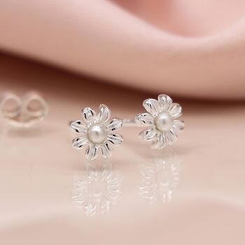 Tiny Sterling Silver Pearl Daisy Flower Stud Earrings, 3 of 8