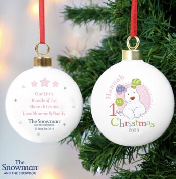 Personalised The Snowdog My 1st Christmas Pink Bauble, 2 of 3