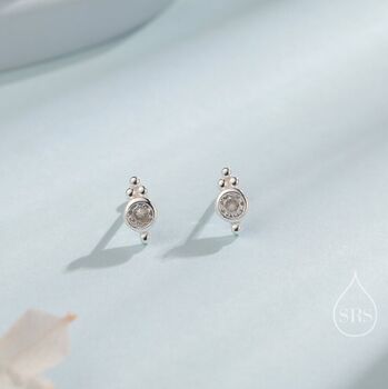 Sterling Silver Extra Tiny Cz Crystal With Dot Trio Stud Earrings, 2 of 12
