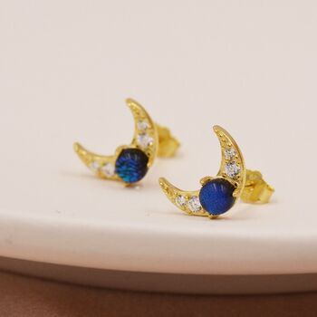 Crescent Moon And Blue Crystals Stud Earrings, 7 of 11