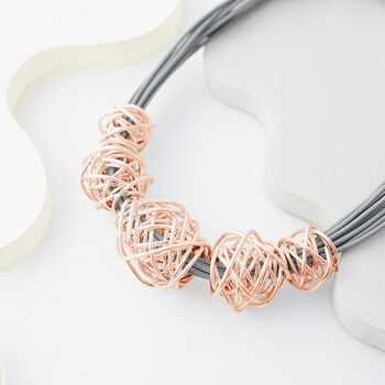 Grey Leather Rope Necklace With Rose Wire Mesh Detail, 2 of 3
