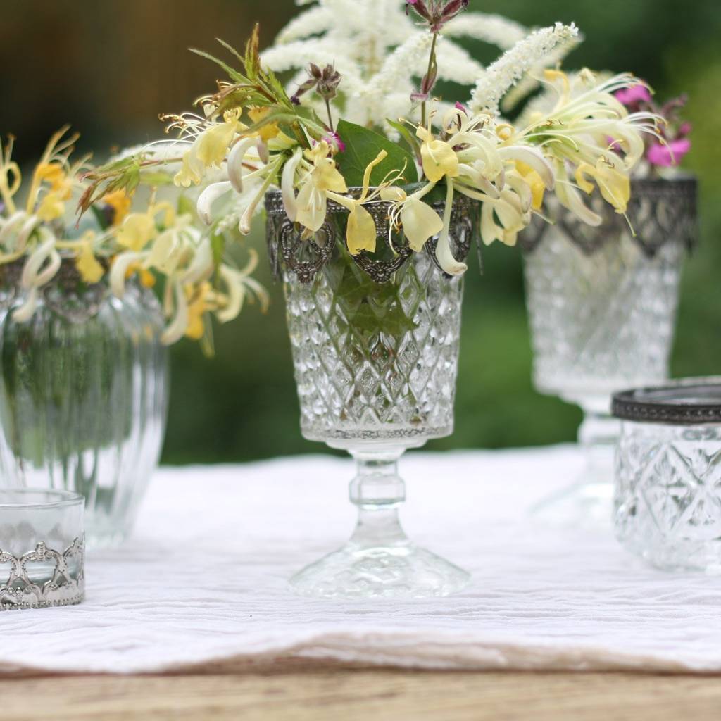 Pressed Glass Footed Vase/Candle Holder Metal Rim By The Wedding Of My