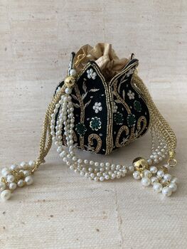 Emerald Green Velvet Potli/Wrist Bag, 3 of 10