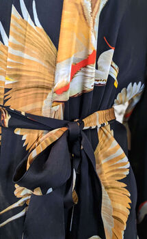 Ladies Luxury Black Bamboo Silk Kimono Robe Crane Bird Noir, 10 of 10