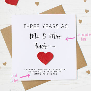 Personalised 3rd Anniversary Card With Leather Heart, 2 of 7