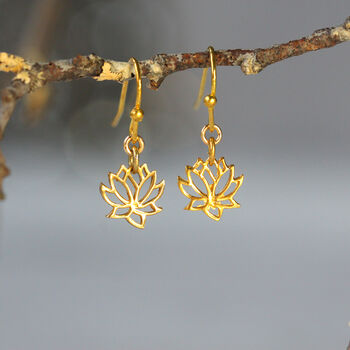 Lotus Flower Dainty Drop Earrings In Gold, Silver, Rose Gold, 3 of 9