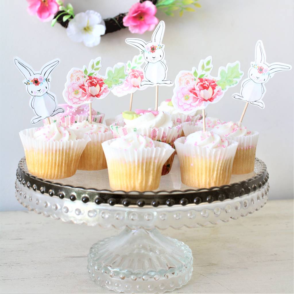 Pack Of 12 Bunny Floral Cupcake Toppers, 1 of 7