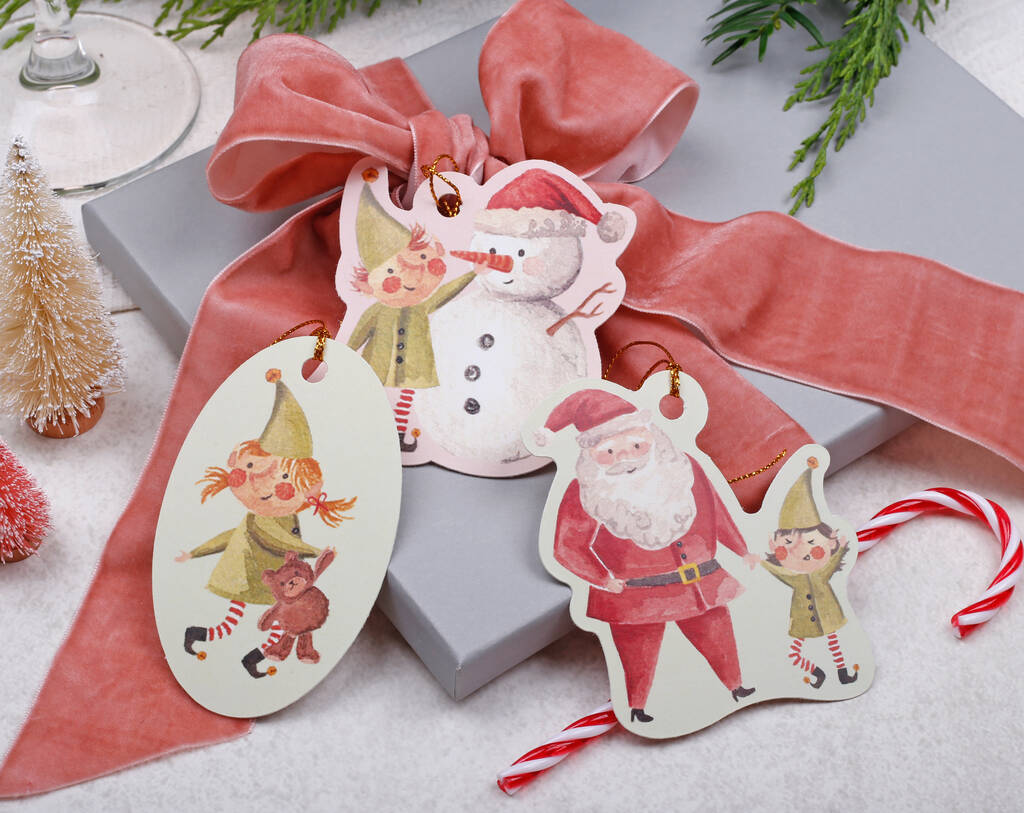 14 Christmas Gift Tags With Sant And Elf Design And Gold Twine, 1 of 4