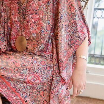 Bohemian Paisley Viscose Kaftan In Pink With Heavy Pink Ombre Fishbone Embroidery, 4 of 5