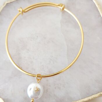 Adjustable Gold Plated Pearl Charm Bangle, 4 of 5