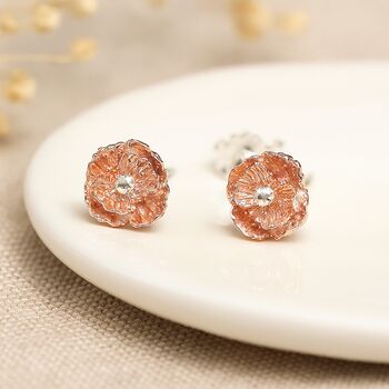 Rose Gold Plated August Birth Flower Poppy Stud Earrings, 3 of 6