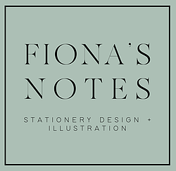 Logo of Fiona's Notes Stationery design and illustration written inside a box on a pale green background.