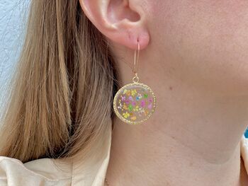 Real Pink Blue Flowers Circle Earrings Medium Hand Made, 5 of 9