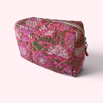 Xl Toiletry Bag | Quilted Cotton Large Wash Bag | Pink Garden Floral Block Print, 4 of 5