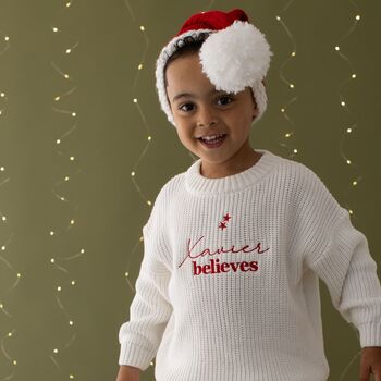 Personalised Name Believes Children's Christmas Knitted Jumper, 3 of 6