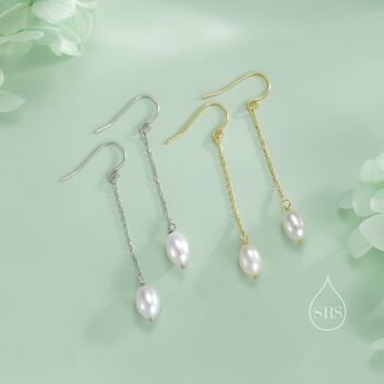 Sterling Silver Genuine Oval Freshwater Pearl Drop Hook Earrings, 5 of 11