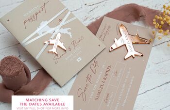 Beige Passport Invitation With Acrylic Plane Charms For Destination Wedding, 10 of 10