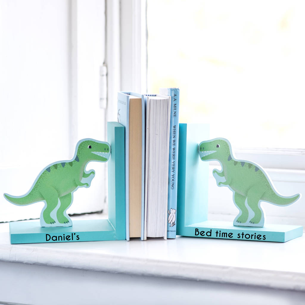 personalised dinosaur wooden bookends by thelittleboysroom