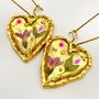 Gold Heart Earrings With Pink Flowers, thumbnail 1 of 10