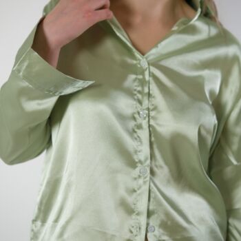 Green Silk Satin Plain Long Sleeve Loose Shirt, 2 of 6