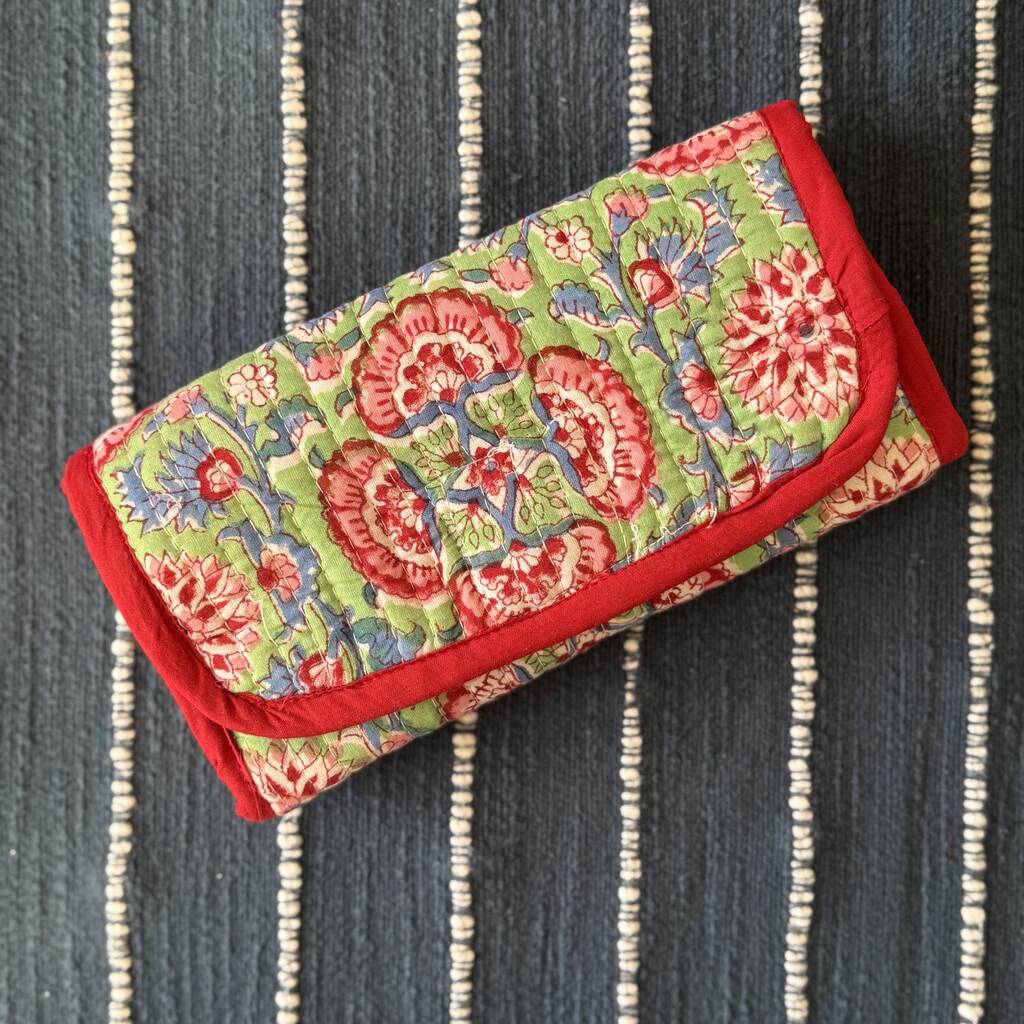 Quilted Block Print Toiletry Roll Up Pouch: Travel Kit, 1 of 12