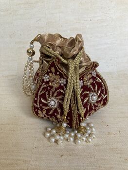 Maroon Handcrafted Velvet Potli Bag/Wrist Bag, 5 of 6