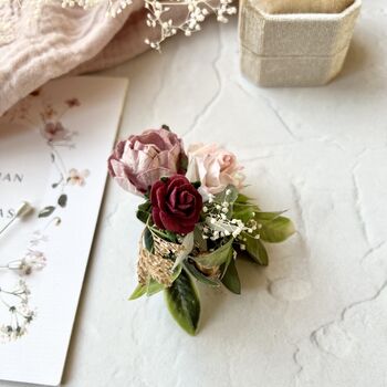 Dusty Pink, Burgundy And Blush Flower Boutonniere, 3 of 8