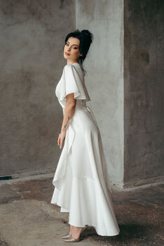 Simple Ivory Satin Wedding Dress With Flutter Sleeves And High Low Skirt, 5 of 7