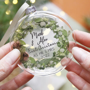 First Married Christmas Wreath Flat Glass Bauble, 8 of 8