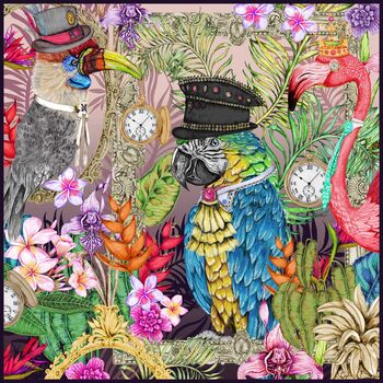 Signature Tropical Birds Dressed Up Bright Colourful Tropical Flowers Green Parrot Luxury Velvet Cushion, 5 of 9