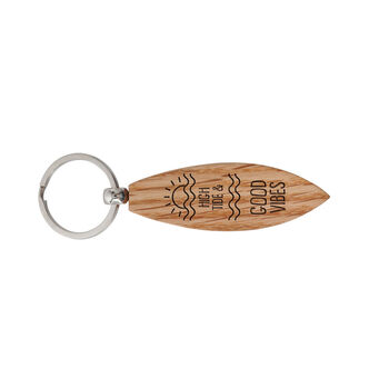Loft 'High Tide And Good Vibes' Oak Surfboard Keyring | Birthday | Keepsake | Novelty Keyring, 2 of 2