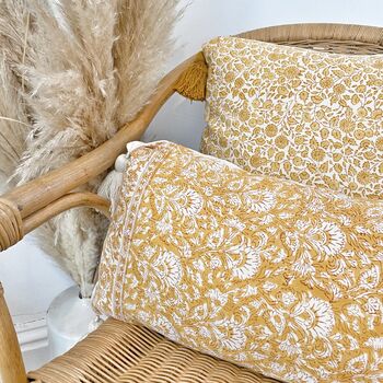 Ochre Floral Block Print Cushion Cover, 3 of 10