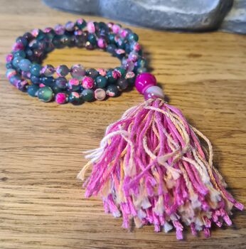 Pink And Green Crystal Mala Beads Necklace With Tassel, 5 of 7