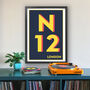 N12 North Finchley London Postcode Typography Print, thumbnail 1 of 9