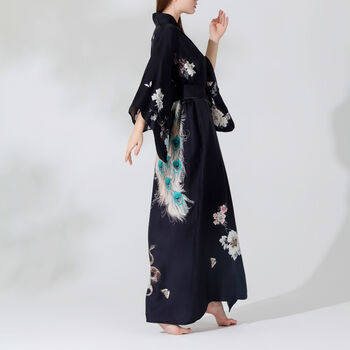 Silk Kimono Dressing Gown Royal Peacock | Black, 4 of 10