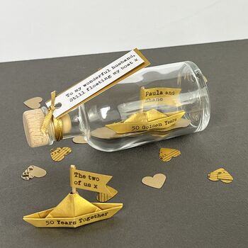 Personalised Gold Paper Ship In A Bottle – Golden Anniversary Gift, 7 of 12