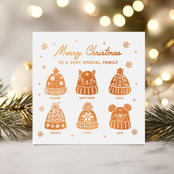Personalised Family Or Friends Christmas Card With Foiled Christmas Wooly Hats, 7 of 10